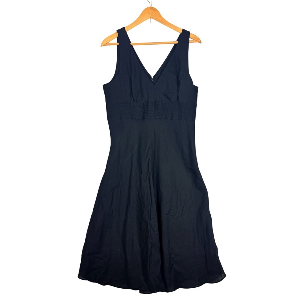 J.Crew Black 100% Linen Sleeveless V-Neck Empire Midi Fit and Flare Dress Sz 12 - Picture 2 of 8